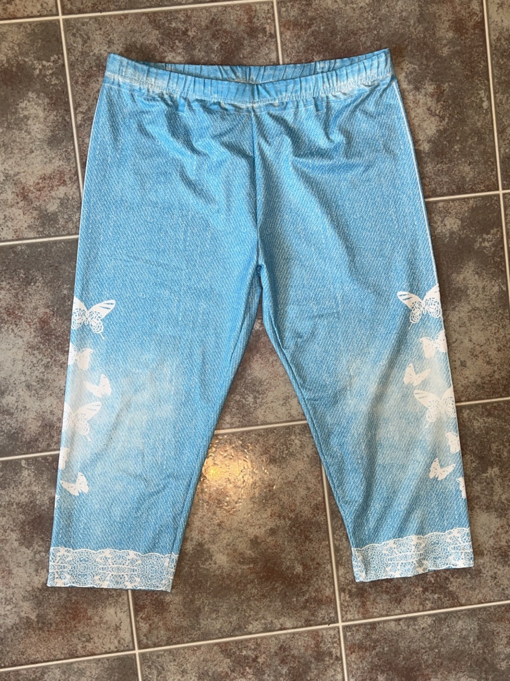 Butterfly Print Capri Leggings XXL Blue & White Stretch Pants - Picture 3 of 3